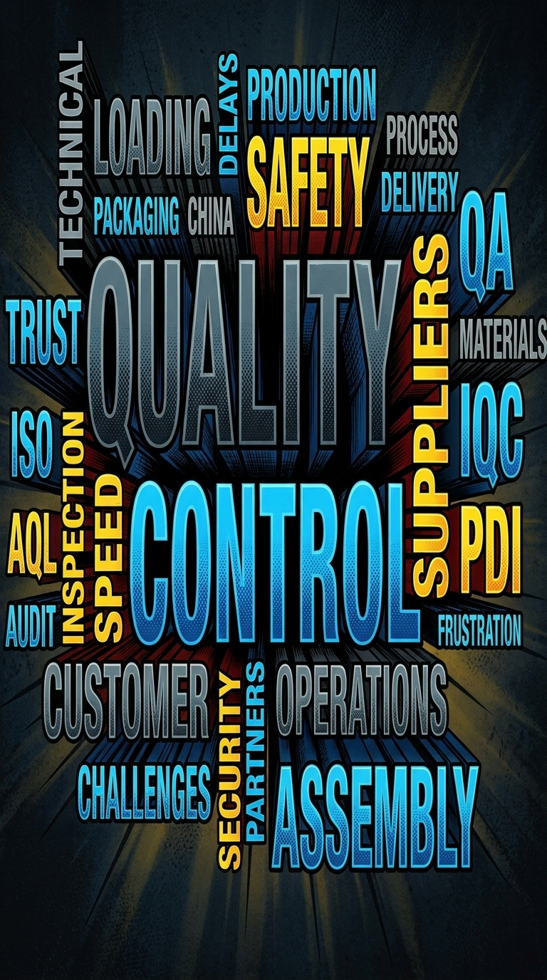 Bold typographic poster featuring manufacturing and quality-control keywords—Quality, Control, Safety, Assembly, Suppliers, and more—rendered in dynamic 3D lettering with halftone textures against a dark, radiating background.