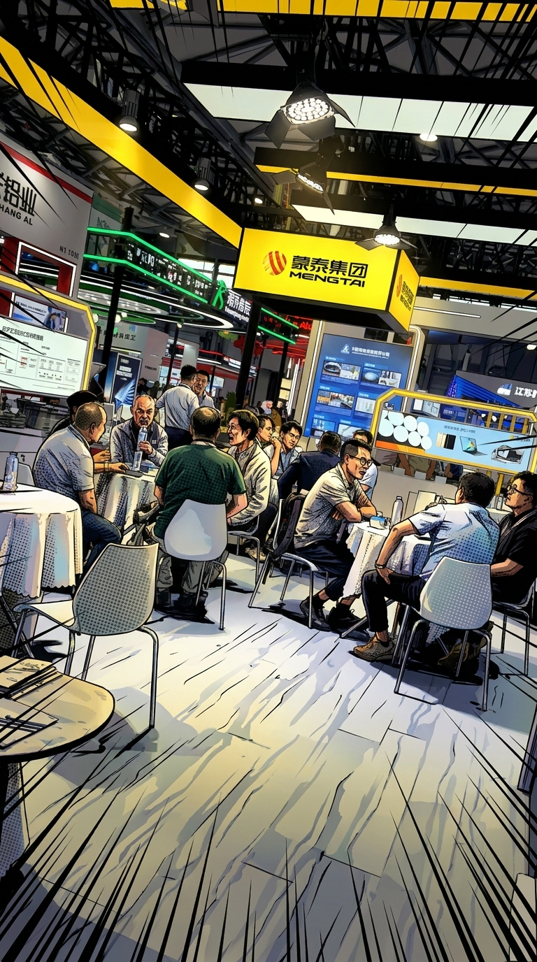 Stylized illustration of a busy industrial trade show floor, with attendees gathered around tables beneath a prominent yellow "MENGTAI" booth sign, surrounded by exhibition displays and overhead lighting rigs.